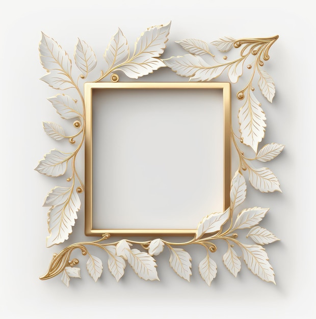 Golden square frame with white leaves Generative AI