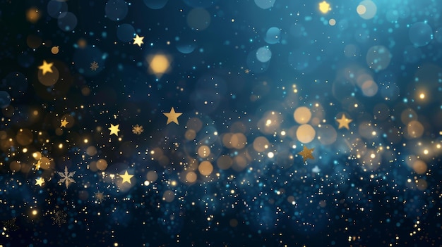 Golden stars abstract banner on dark blue background for festive christmas and new year 2025