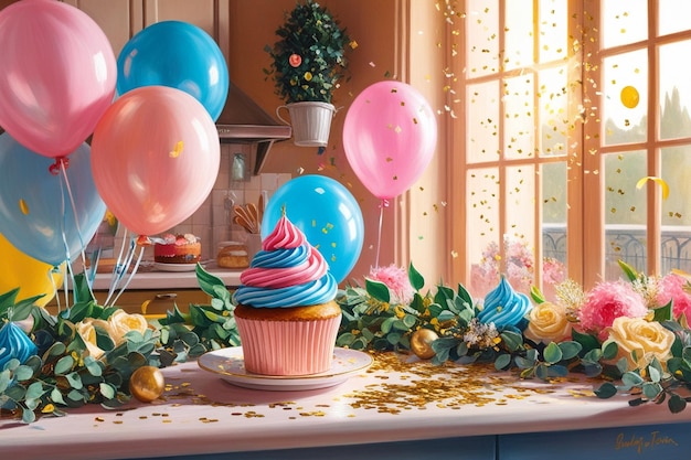 Golden stars spread over the fresh tasty birthday cupcake on cakestand on blue backdrop