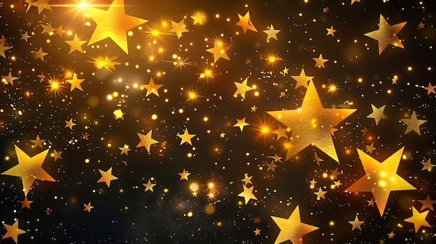 Golden stars of various sizes on a dark blue background