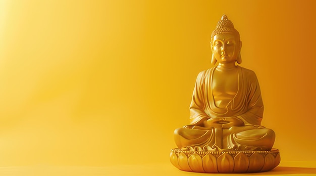 Golden statue of Buddha meditating in lotus position on a yellow background Copy space