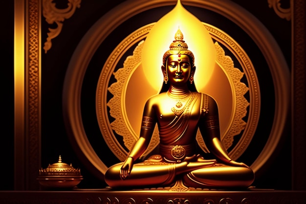 A golden statue of buddha sits in front of a gold background.