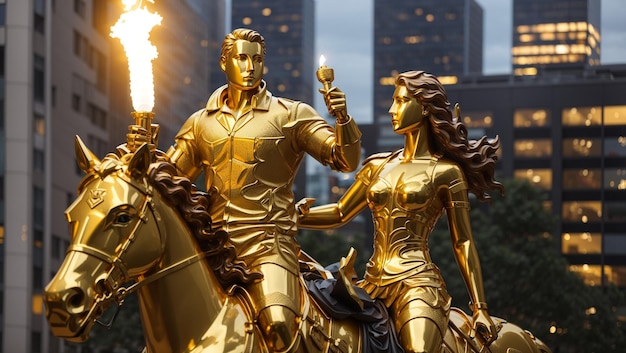 golden statue of a man and woman on a horse is in the foreground The man is holding a torch that i