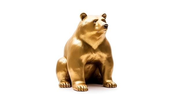 A golden statue of a sitting bear on a gold base isolated on white background