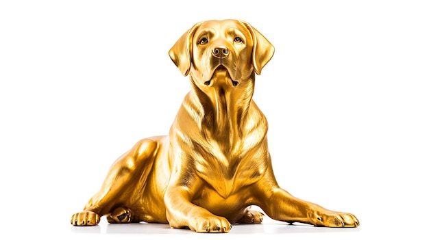 A golden statue of a sitting dog on a gold base isolated on white background