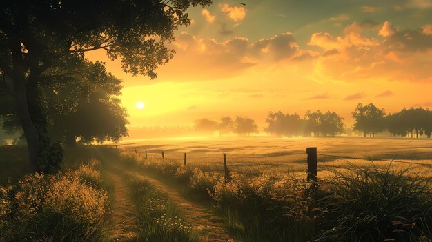 Photo the golden sun sets over a lush green field casting a warm and peaceful glow over the landscape