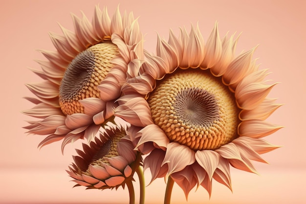 Golden sunflower heads on blurry background with flowers on pastel pink created with generative ai