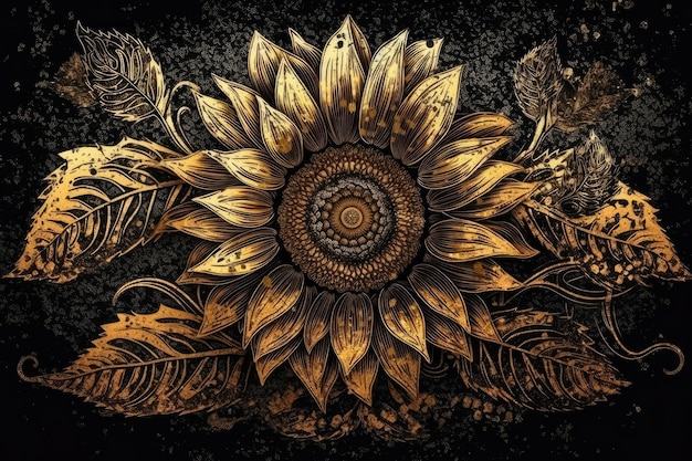 Golden sunflower with leaves on a black background Generative AI