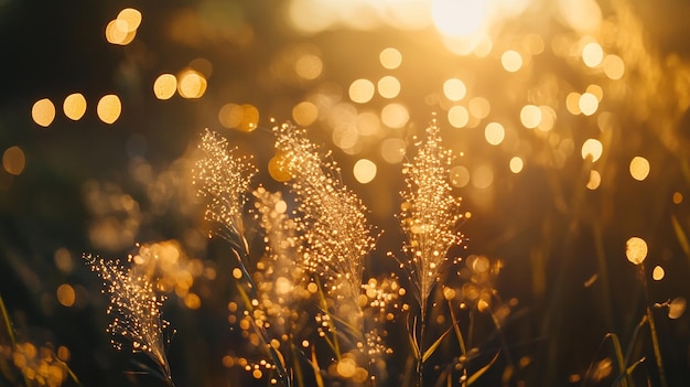 Golden sunlight filtering through grass at sunset in a serene outdoor setting