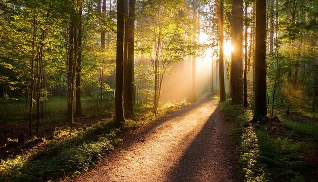 golden sunlight filters through trees along a tranquil path in a serene forest at sunrise