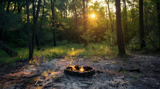 Golden sunlight filters through the trees at a peaceful campsite The golden hours warmth