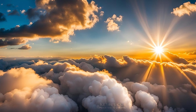 Photo golden sunlight streaming through fluffy cumulus clouds at sunrise or sunset