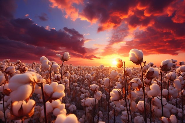 Golden sunlit cotton field serene nature landscape in spectacular rays of sunlight