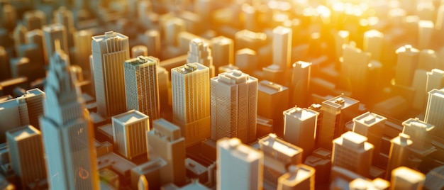 Golden sunrise over a 3D futuristic cityscape with towering skyscrapers