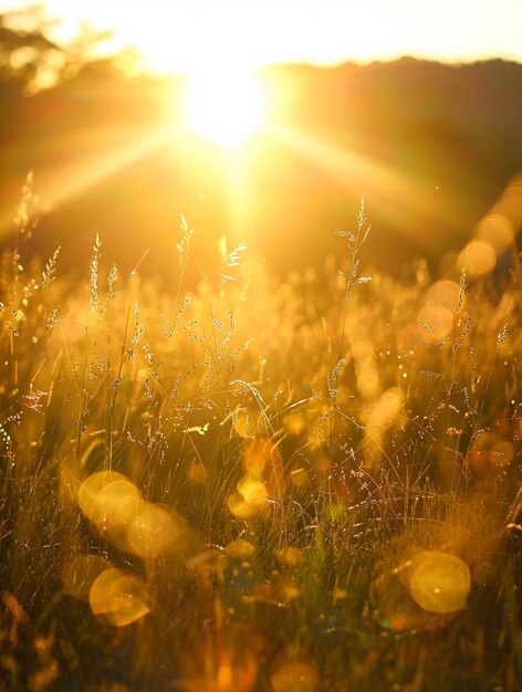 Photo golden sunrise over dewy meadow nature tranquility morning light