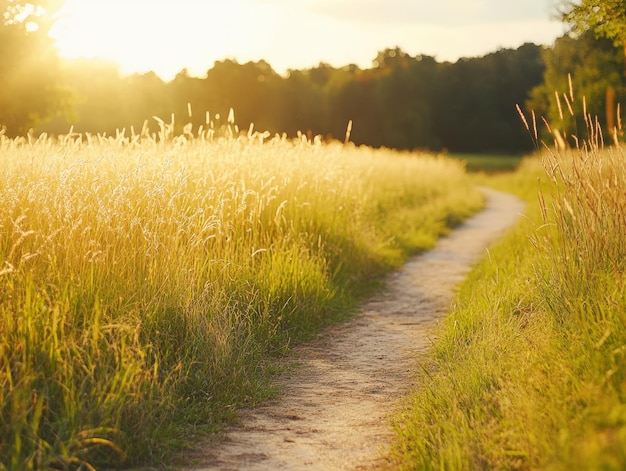 Photo a golden sunrise illuminates a winding path through a lush green meadow in springtime