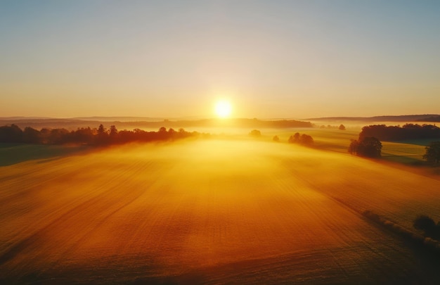 Photo golden sunrise over misty fields in germany aerial drone photography