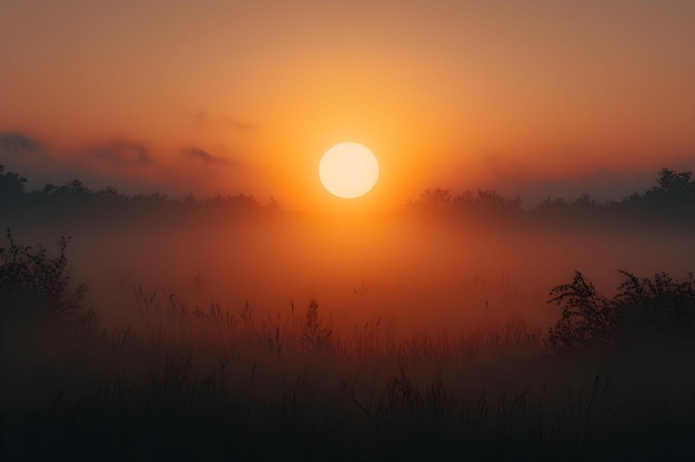 Golden sunrise over a misty landscape at dawn