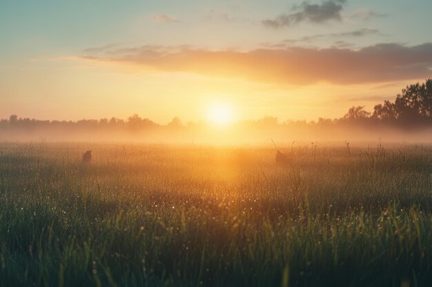 Golden sunrise over misty meadow with gentle grass swaying in the morning breeze