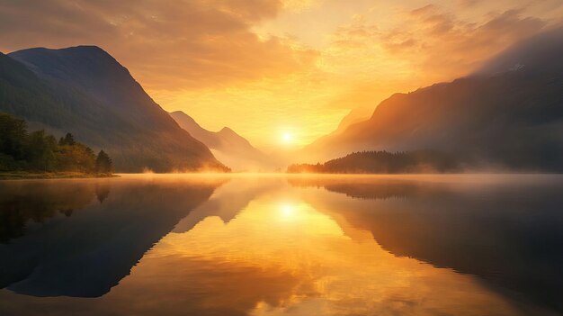 Photo golden sunrise over misty mountain landscape with serene lake reflection ai generated illustration