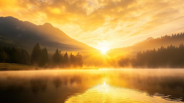 Photo golden sunrise over misty mountain landscape with serene lake reflection ai generated illustration