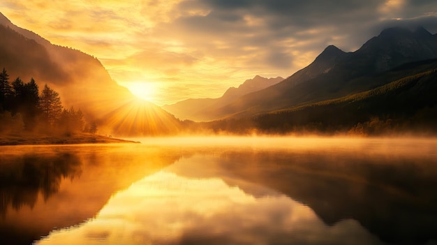 Photo golden sunrise over misty mountain landscape with serene lake reflection ai generated illustration