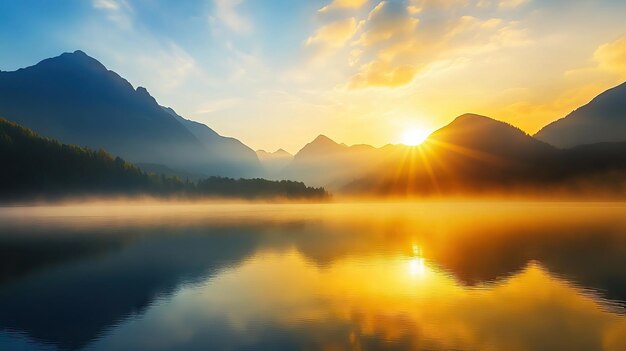 Photo golden sunrise over misty mountain landscape with serene lake reflection ai generated illustration