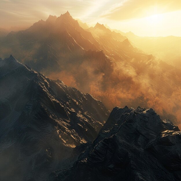 Photo golden sunrise over misty mountain ranges