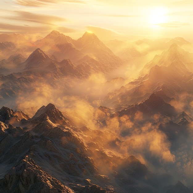 Photo golden sunrise over misty mountain ranges