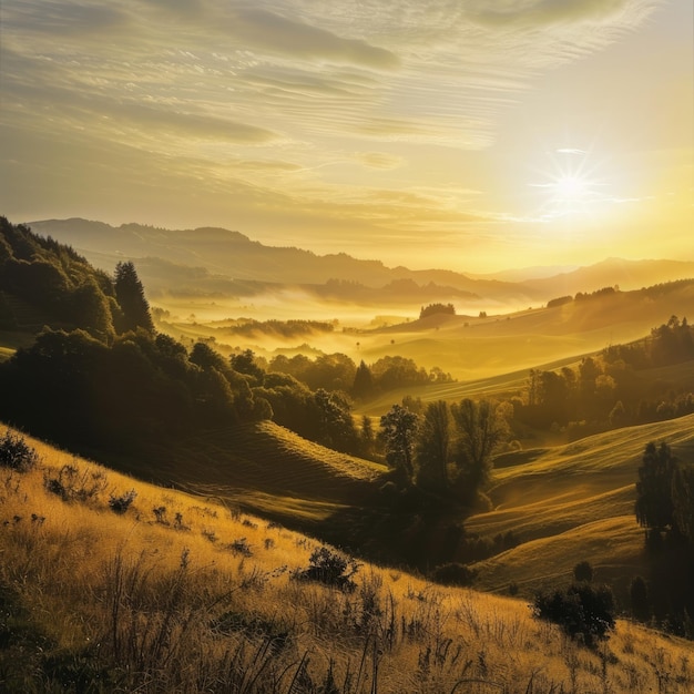 Photo golden sunrise over rolling hills with fog