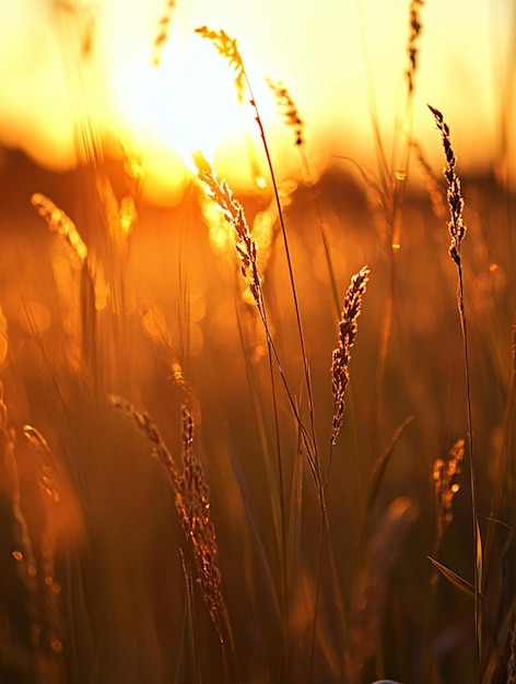 Photo golden sunrise over serene grass field natures tranquility and beauty