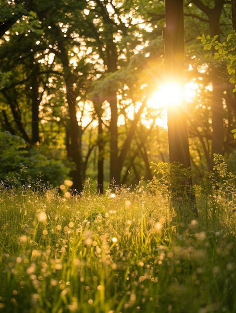 Golden Sunrise Through Lush Forest Natures Tranquility and Serenity