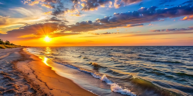 Golden sunset over calm ocean waves on a sandy beach