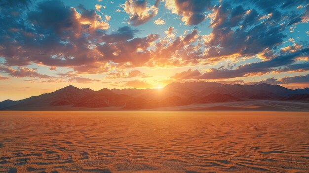 A Golden Sunset Over a Desert Landscape With Mountain Range in the Distance