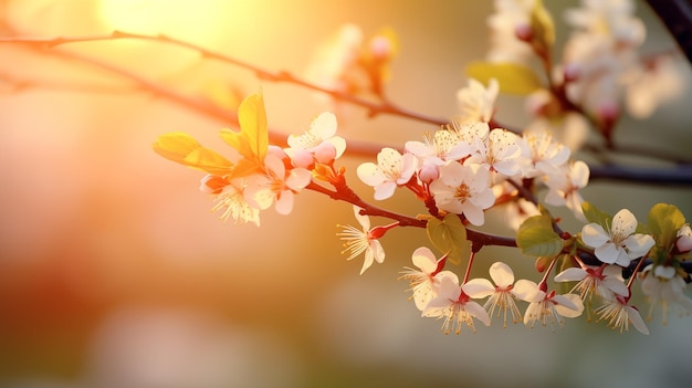 Golden sunset light filters through the delicate petals of blooming plum flowers