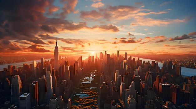 Golden Sunset Over Metropolis An Aerial Panorama Capturing the Dramatic Cityscape at Dusk