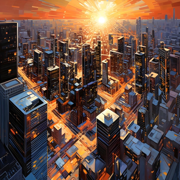 Golden Sunset Over Metropolis An Aerial Panorama Capturing the Dramatic Cityscape at Dusk