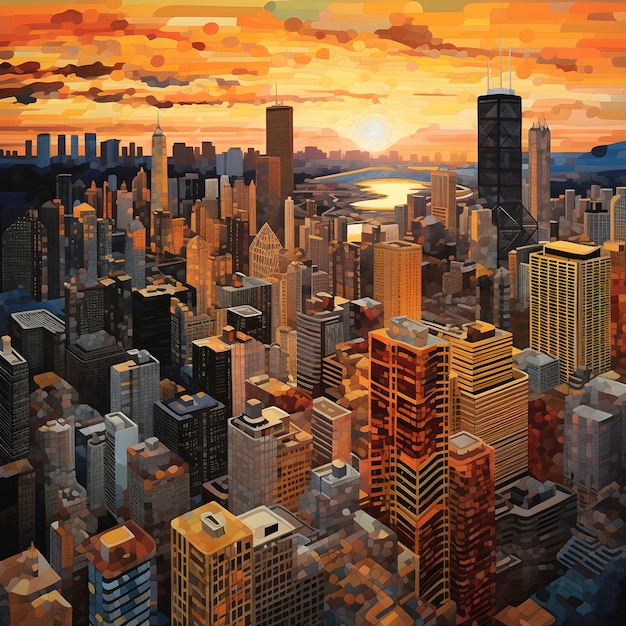 Golden Sunset Over Metropolis An Aerial Panorama Capturing the Dramatic Cityscape at Dusk