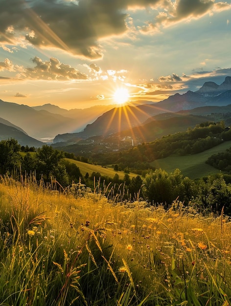 Golden Sunset Over Mountain Valley with Wildflowers