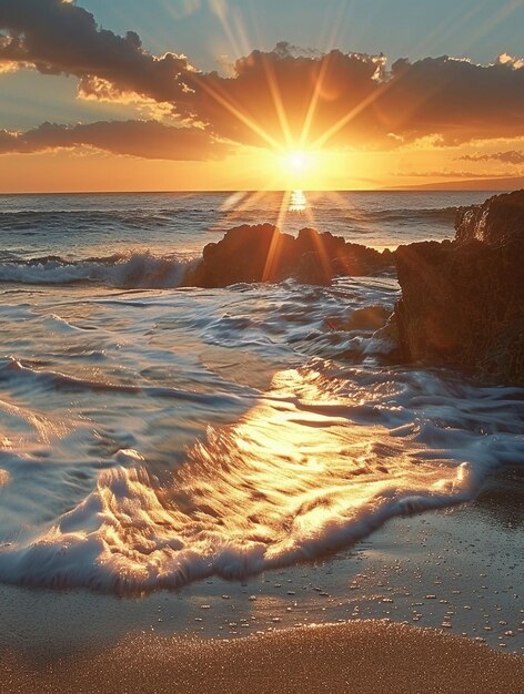 Golden Sunset Over Ocean Waves and Rocky Shoreline