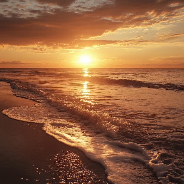 Photo golden sunset over the ocean with waves crashing on the sandy shore