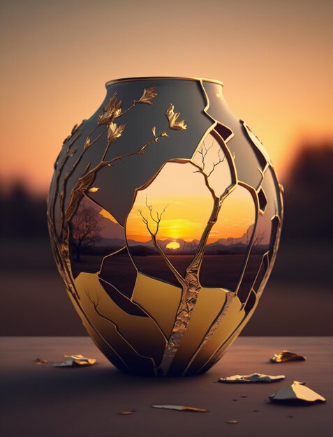 A golden sunset reflecting on the broken pieces of a jar.