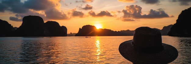 Golden sunset over the river and beach hat