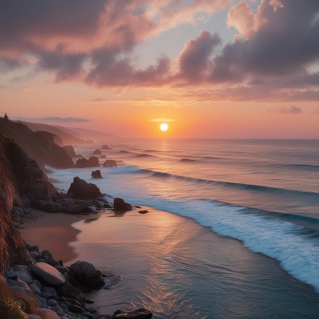 Photo golden sunset on a rocky shoreline the dance of waves and light