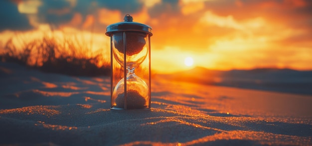 Photo golden sunset over sandy beach with hourglass displaying time passing