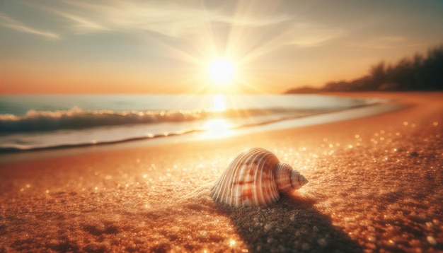 Golden Sunset on a Secluded Beach with Seashell