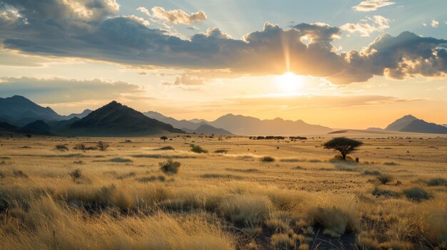 Golden sunset over serene desert landscape