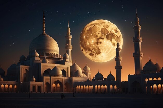 Golden Sunset Silhouettes and Birds over Majestic Mosque Crescent Moon Over Illuminated Mosque