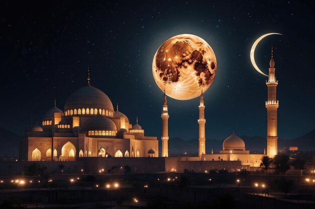 Golden Sunset Silhouettes and Birds over Majestic Mosque Crescent Moon Over Illuminated Mosque