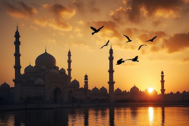 Golden Sunset Silhouettes and Birds over Majestic Mosque Crescent Moon Over Illuminated Mosque